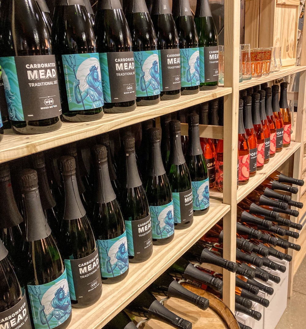 bottles on shelves